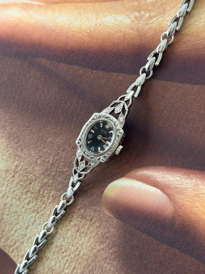 Vintage Japanese Agete Art Deco Style Silver Watch Black Dial and Dainty Wristband