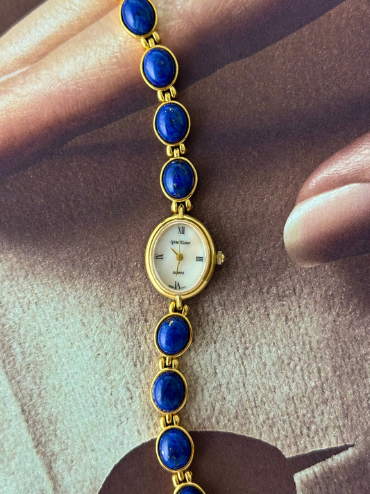 Vintage Gem Time Gold Watch With Genuine Lapis Lazuli Stone Band