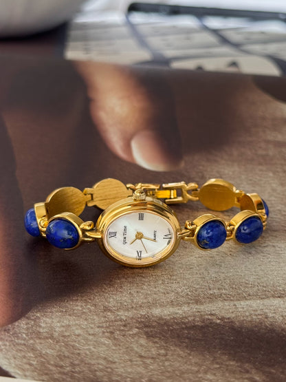 Vintage Gem Time Gold Watch With Genuine Lapis Lazuli Stone Band