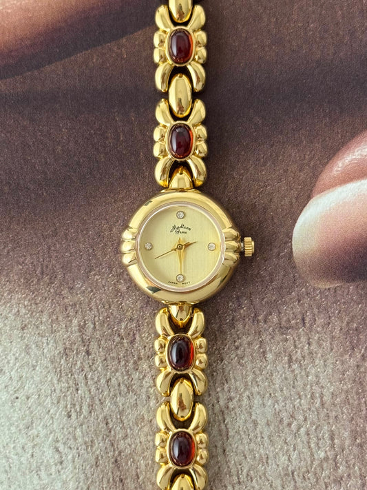 Vintage Madison Gem Gold Watch With Red Amber Gemstone Band