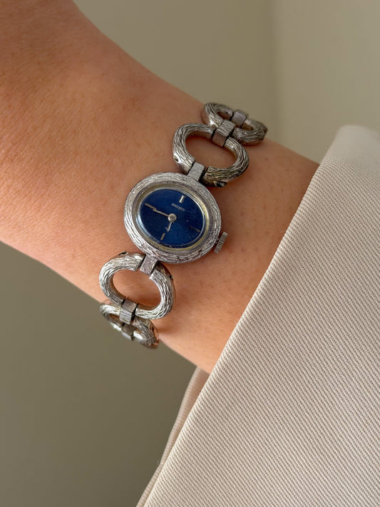 1960s Vintage Silver Seiko Watch With Navy Blue Oval Dial
