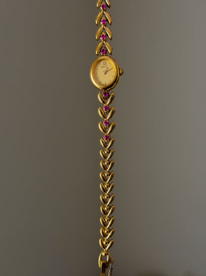 Very Rare 1990s Gold Vintage Seiko Watch With 8 Natural Ruby Gemstones
