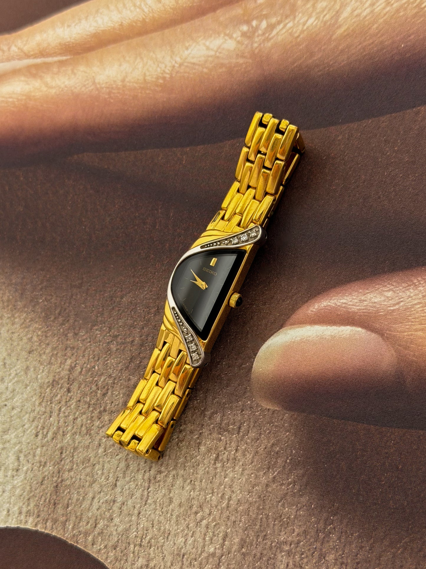 RARE Vintage 1990s Gold Seiko Half Moon Watch With 6 Diamond Accent