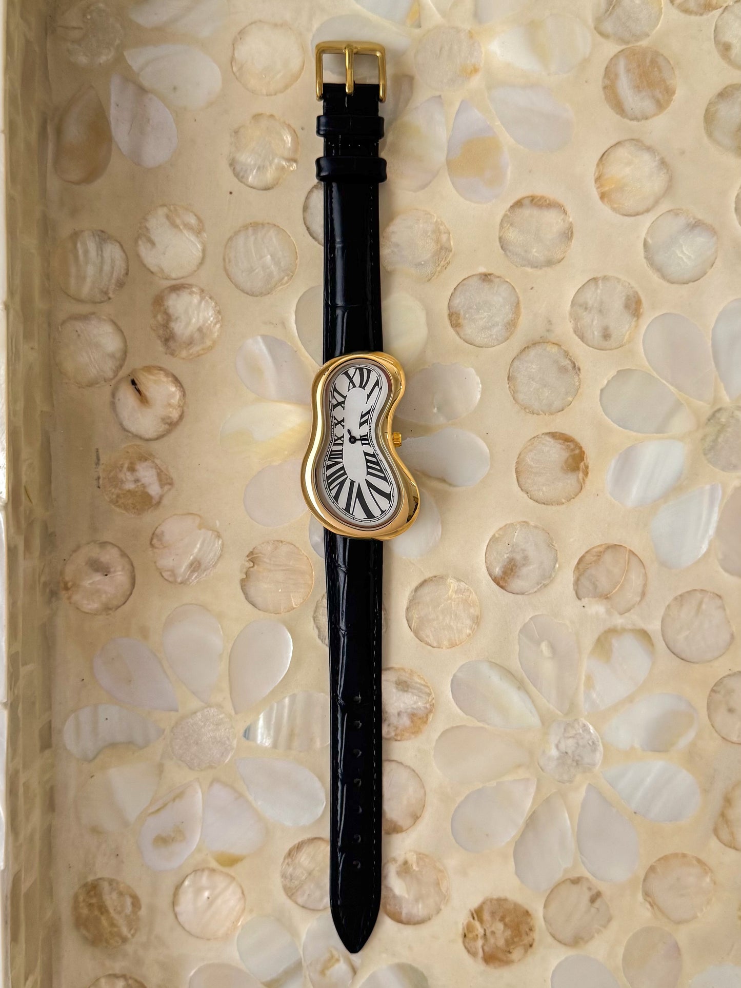 Black Leather Band Salvador Dali Style Watch Gold Exaequo Inspired Softwatch