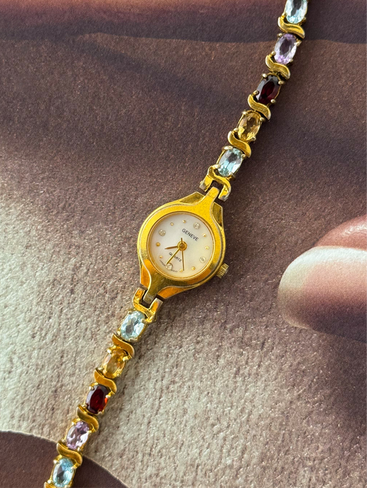 Vintage Geneve Gold Watch With Genuine Multicolor Gemstone Band