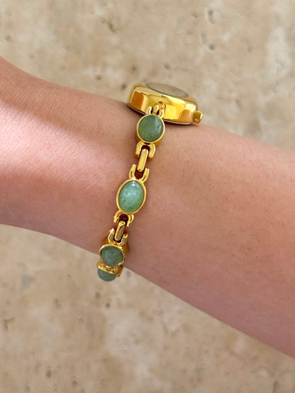 Minimalist Gold Watch With Dainty Green Gemstone Bracelet Band