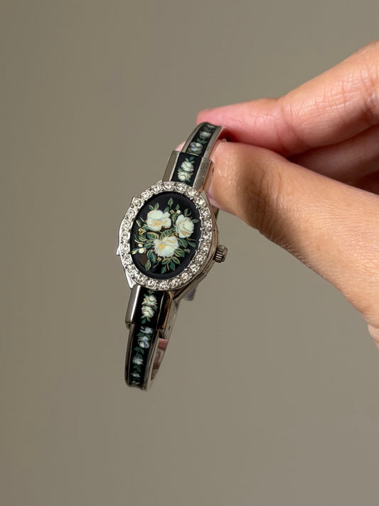 Vintage Black Enamel Andre Mouche Peekaboo Cuff Watch Bangle With Flower and Diamond Accent
