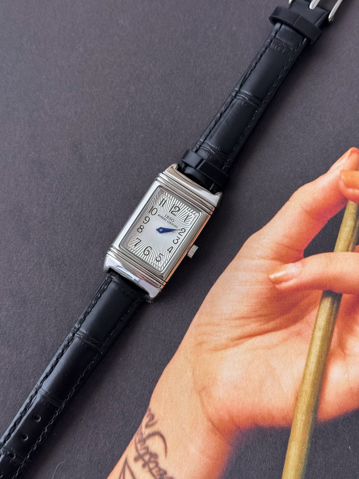 Reverso Style Silver Watch With Black Leather Band