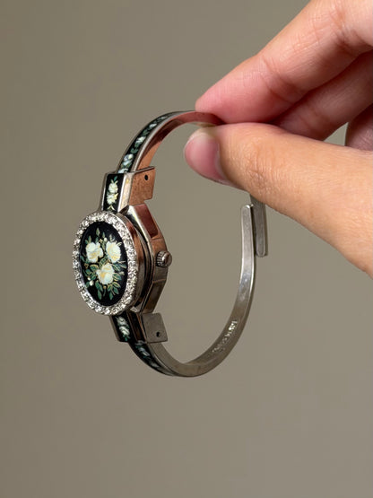 Vintage Black Enamel Andre Mouche Peekaboo Cuff Watch Bangle With Flower and Diamond Accent