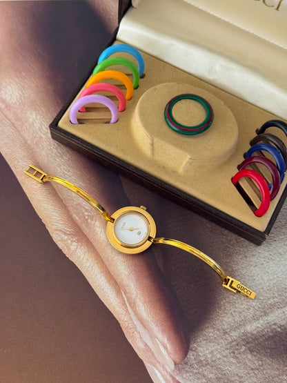 Vintage 1980s Gold Plated Gucci Interchangeable Bezel Watch Bangle