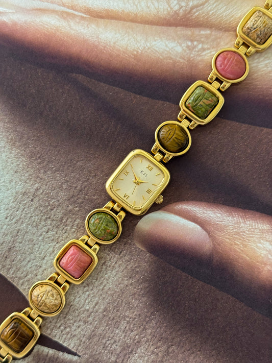 Vintage Kenneth Jay Lane (KJL) Gold Tone Watch With Egyptian Carved Scarab Gemstone Band