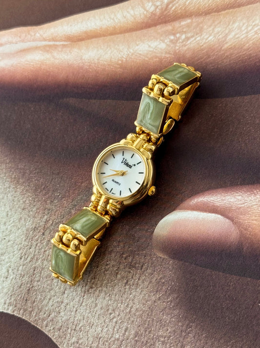 Vintage Vivani Gold Watch With Swirl Green Stone Band
