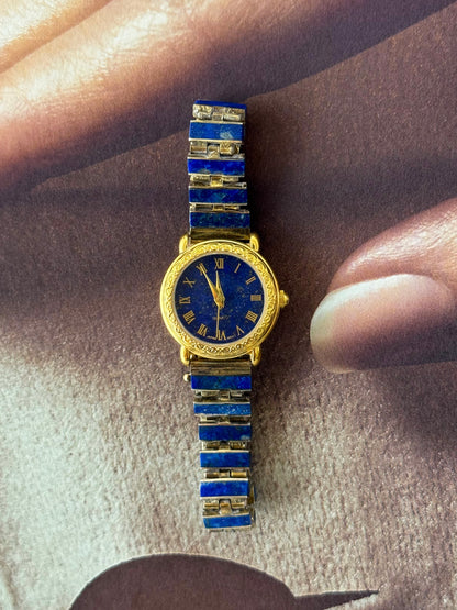 Vintage Gem Time Gold Watch With Genuine Lapis Lazuli Stone Band