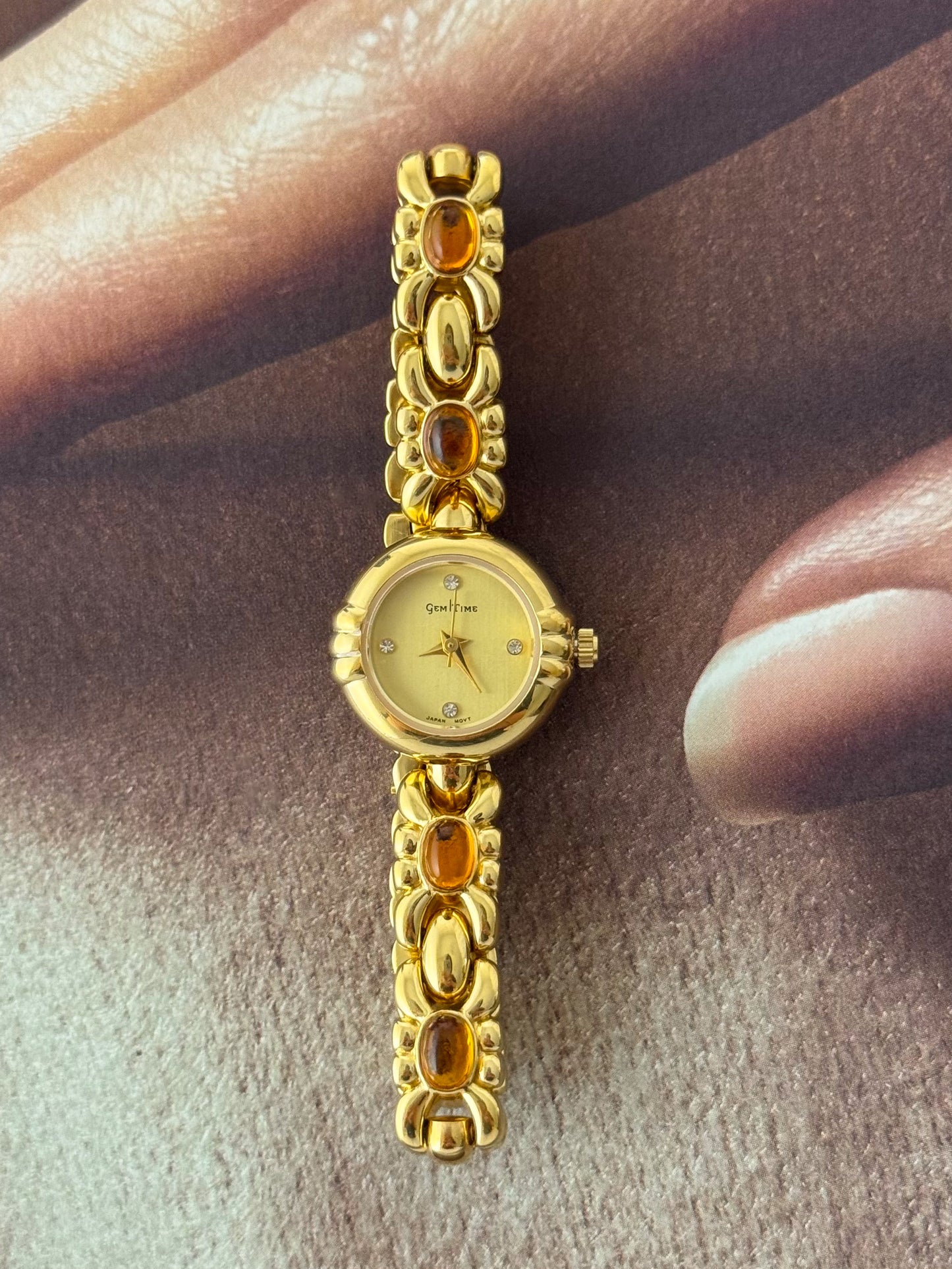 Vintage Gem Time Gold Watch With Orange Amber Gemstone Band