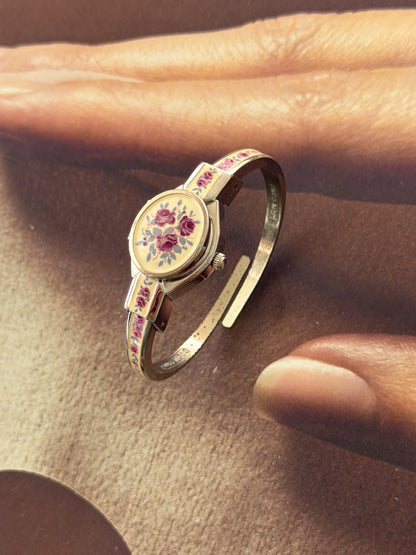 Vintage Silver Tone André Mouche Peekaboo Cuff Watch With White Enamel and Pink Rose Design