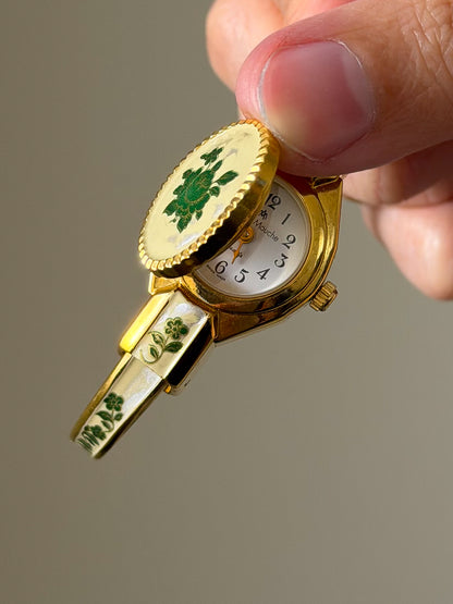 Vintage Gold Tone Andre Mouche Peekaboo Cuff Watch With a Green Peony Enamel Flower Design