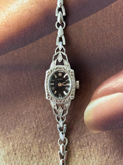 Vintage Japanese Agete Art Deco Style Silver Watch Black Dial and Dainty Wristband