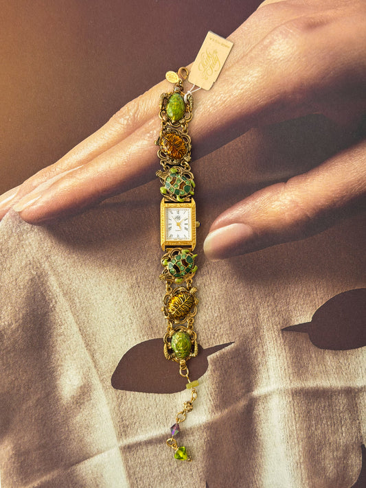 Rare and Whimsical Vintage Gold Kirks Folly Turtle Charm Bracelet Watch