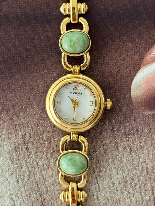 Vintage Elgin Gold Watch With Natural Jade Stone Band