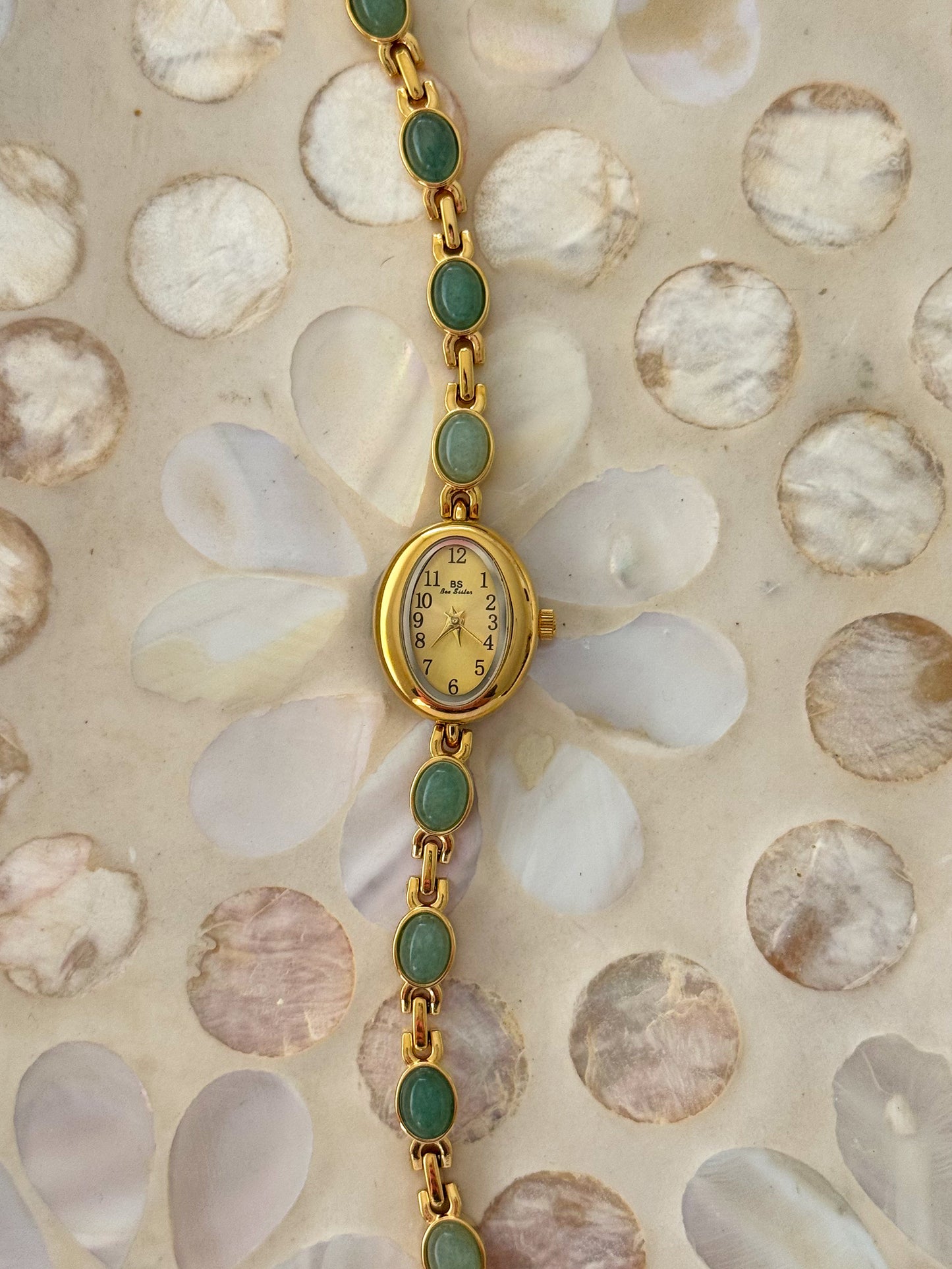 Minimalist Gold Watch With Dainty Green Gemstone Bracelet Band