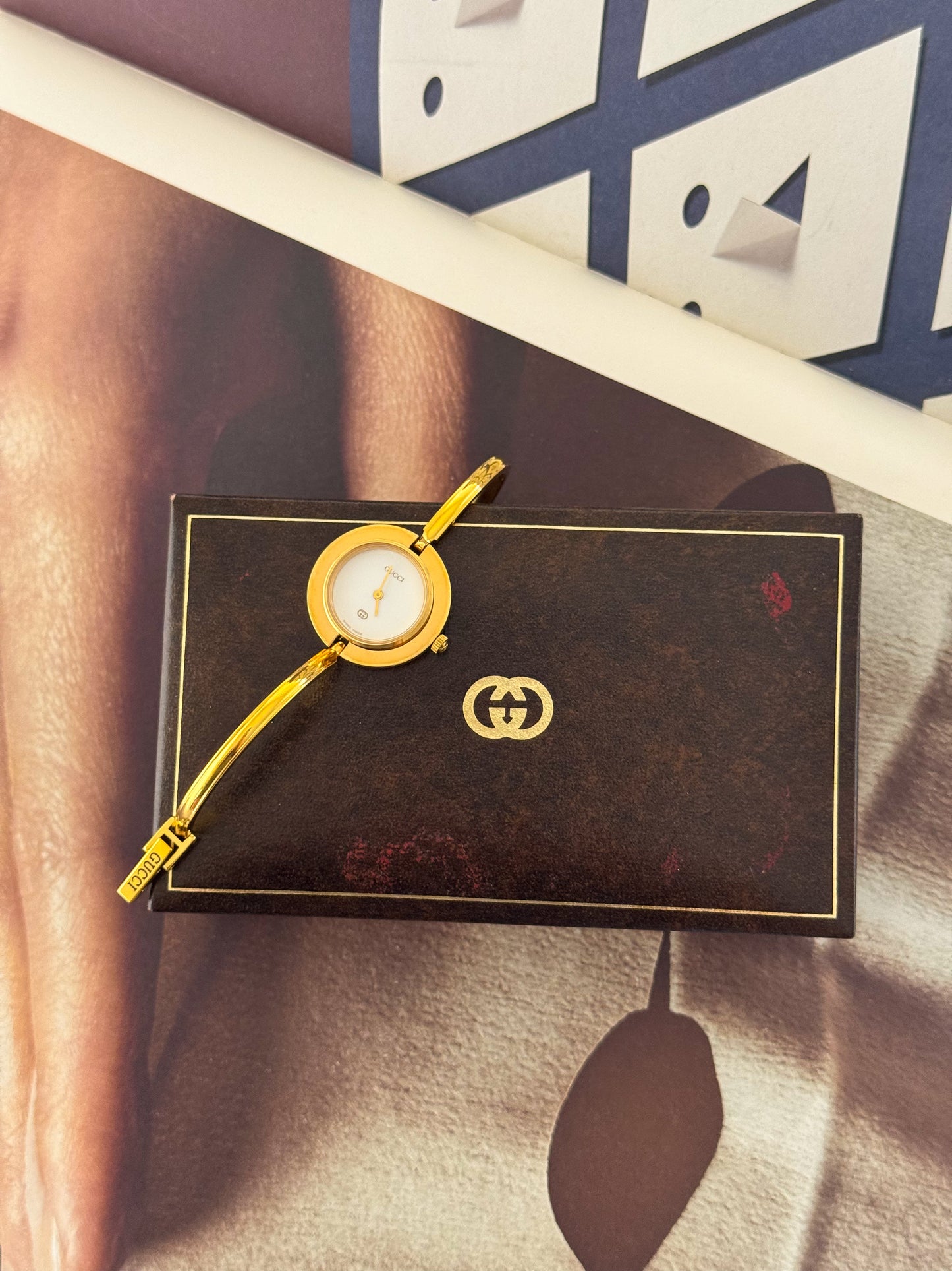 Vintage 1980s Gold Plated Gucci Interchangeable Bezel Watch Bangle