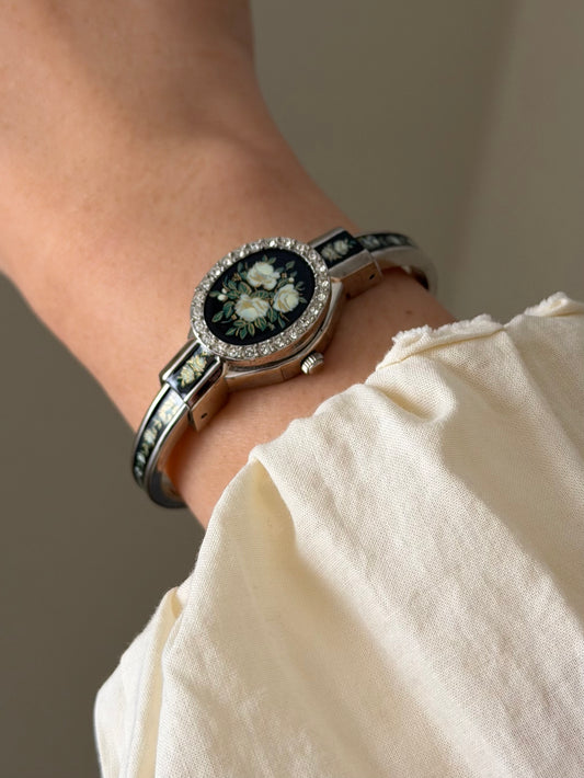 Vintage Black Enamel Andre Mouche Peekaboo Cuff Watch Bangle With Flower and Diamond Accent