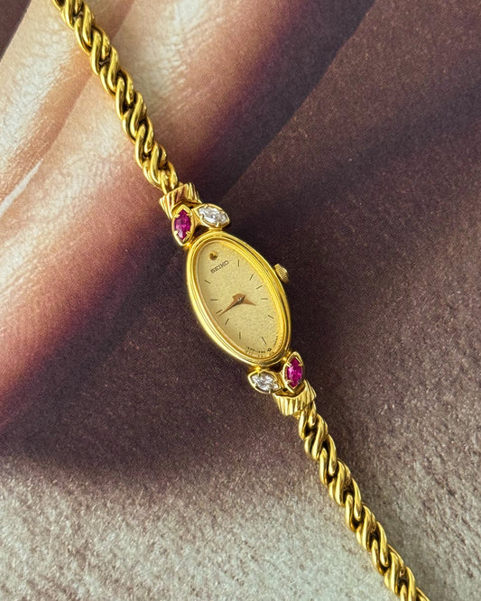 Extremely RARE 1990s Gold Plated Seiko Watch With Genuine Rubies And Rope Band