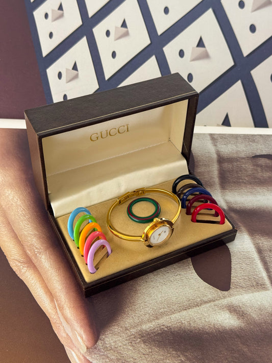 Vintage 1980s Gold Plated Gucci Interchangeable Bezel Watch Bangle