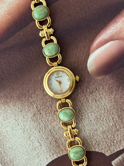 Vintage Elgin Gold Watch With Natural Jade Stone Band
