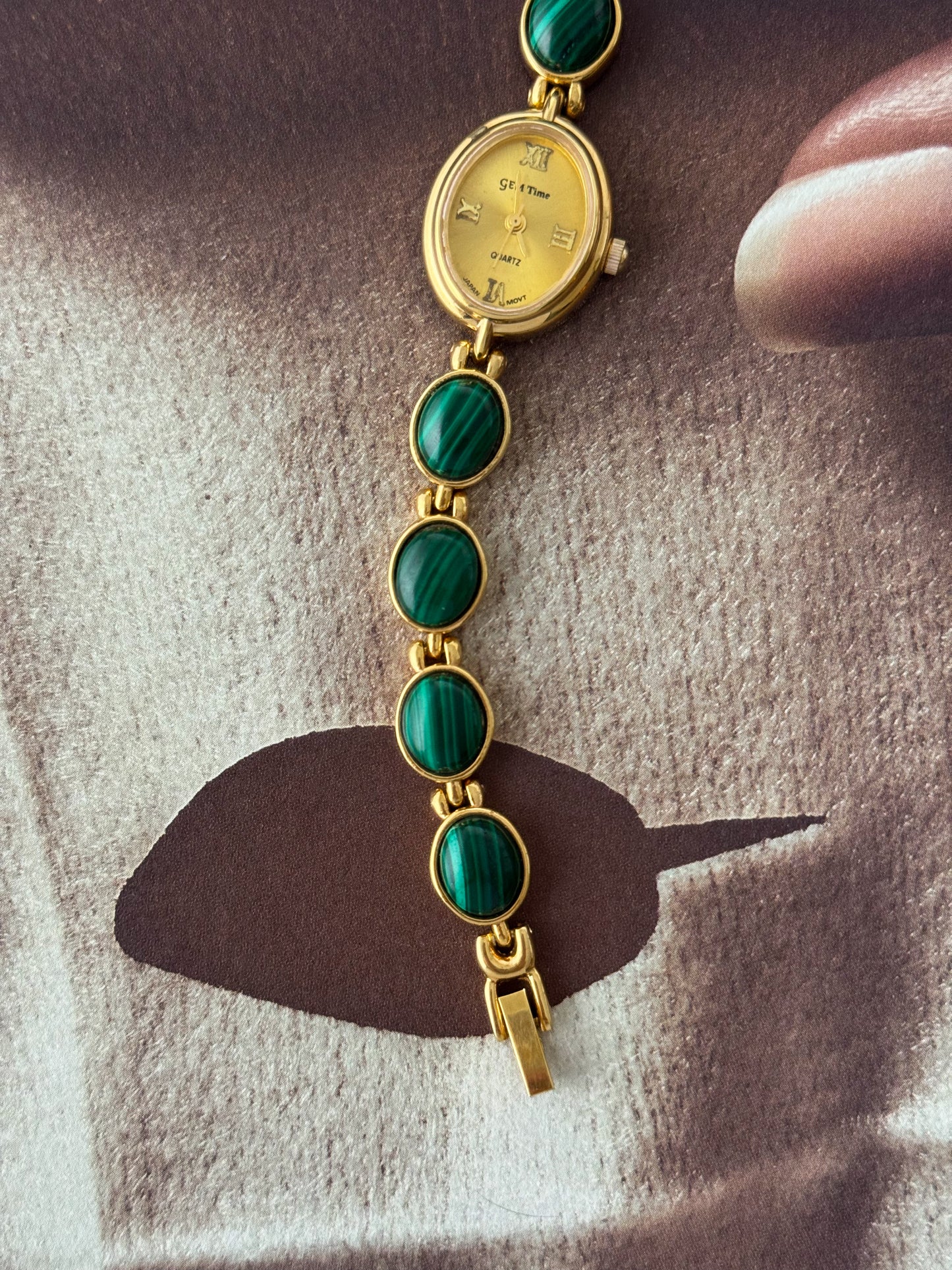 Vintage Gem Time Gold Watch With Malachite Stone Band