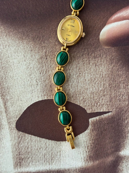 Vintage Gem Time Gold Watch With Malachite Stone Band