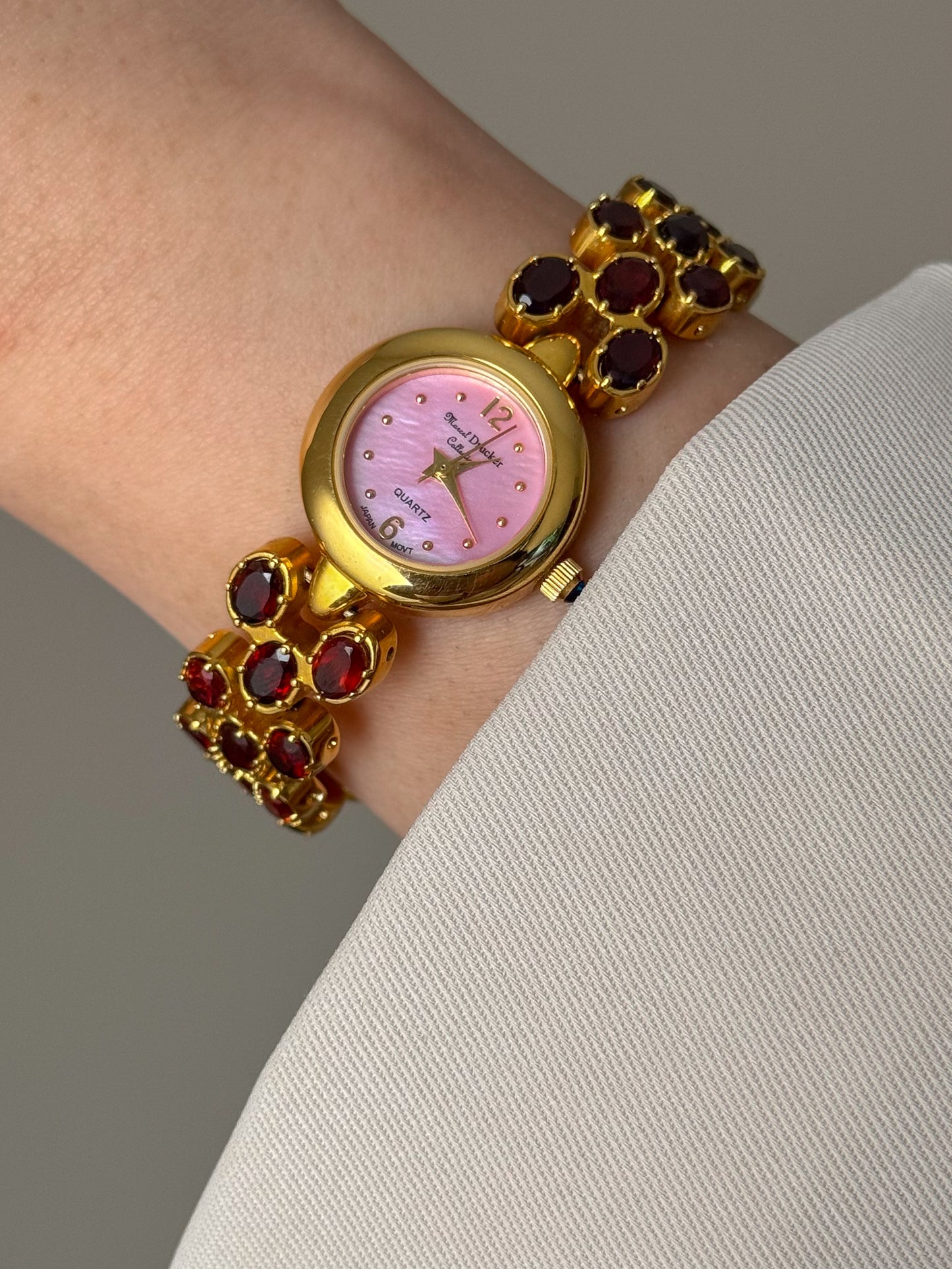 Vintage Marcel Drucker Watch With Pink Dial and Garnet Stone Band