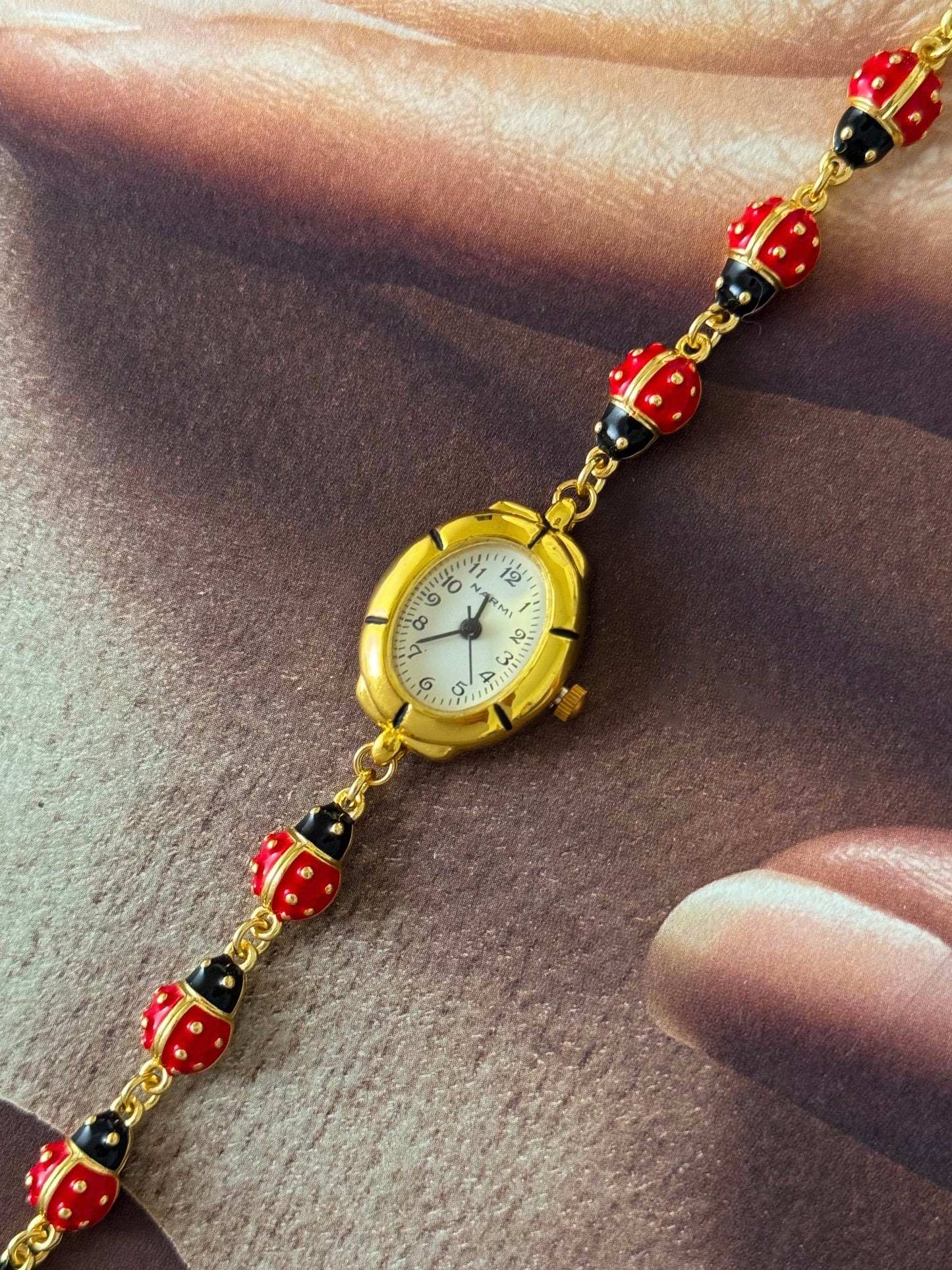 Dainty Gold Tone Ladybug Watch Bracelet