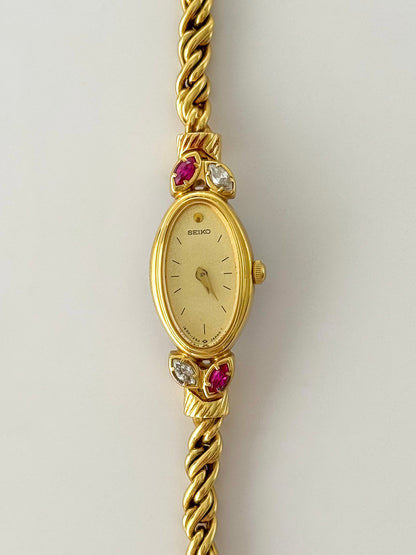 Extremely RARE 1990s Gold Plated Seiko Watch With Genuine Rubies And Rope Band