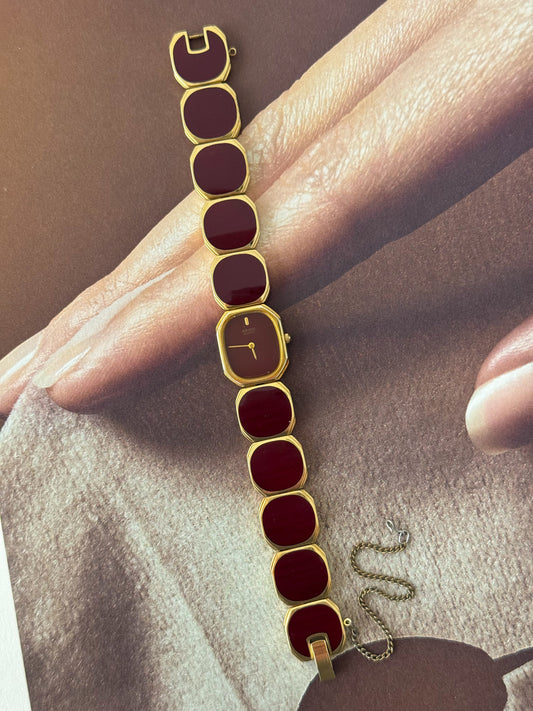 Extremely Rare and Gorgeous Seiko Watch With Deep Burgundy Tone Enamel and Gold Accents.